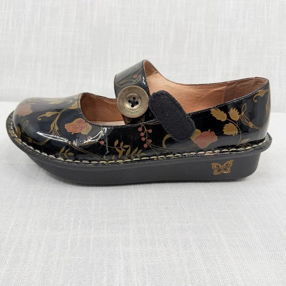 Alegria Paloma Black Patent Floral Mary Jane Comfort Shoes Nursing Shoes EU 39